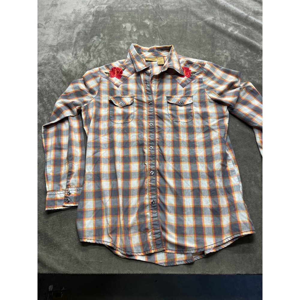 Wrangler Women Plaid Western Snap Shirt Floral Embroidered Gray Orange LW2621M L